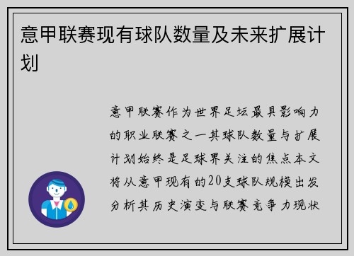 意甲联赛现有球队数量及未来扩展计划